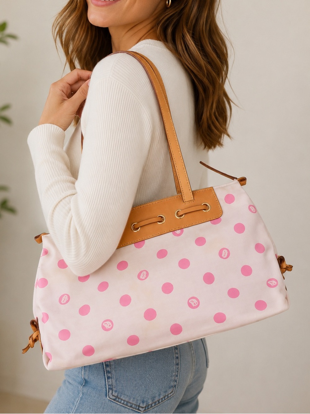 Dooney & Bourke Pink Polka Dot Canvas Tote Shoulder Bag Leather Trim